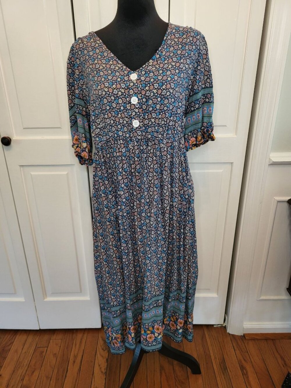 Shein Curve Blue Floral Peasant Dress Yellow Border Print 1XL Boho Cottage